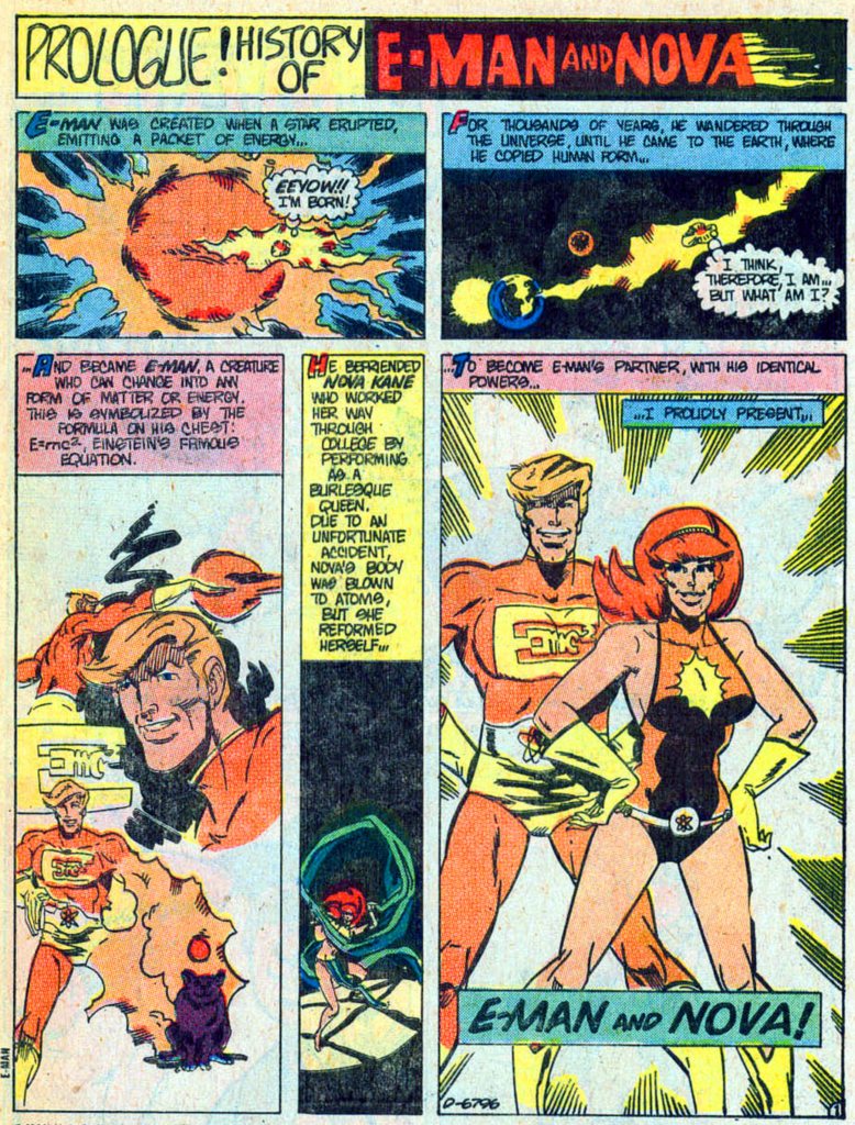 A page from the issue showing the origin and powers of E-Man and Nova.