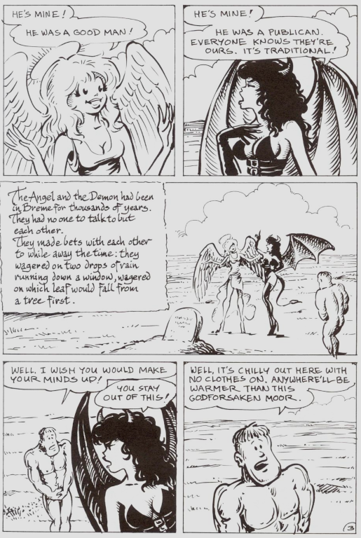 A page from the comic featuring an angel and a demon arguing over where a soul should go.
